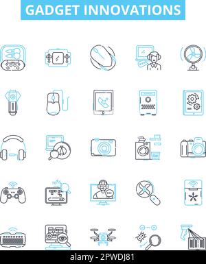 Gadget innovations vector line icons set. Tech, Gadgets, Innovation, Robotics, Smartphone, AI, Wearables illustration outline concept symbols and Stock Vector