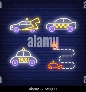 Taxi cabs and route neon signs set Stock Vector