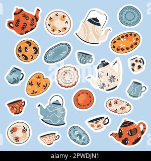 Cartoon retro kitchen collection with ceramic and porcelain teapot and mug for afternoon tea, kettle and coffee pot sticker. Cute vintage tableware stickers set vector illustration Stock Vector