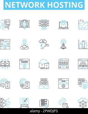 Network hosting vector line icons set. Webhosting, Cloudhosting, Networking, Colocation, Shared, Dedicated, Domains illustration outline concept Stock Vector