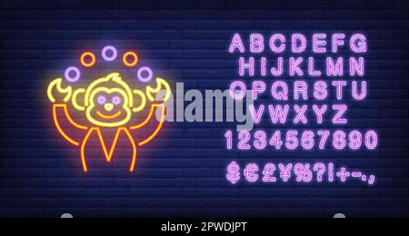 Funny monkey juggling colorful balls neon sign Stock Vector