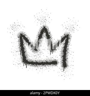 Graffiti style crown with overspray in black over white. Sprayed crown logo icon with leak splash splatters drops. Vector illustration. Stock Vector