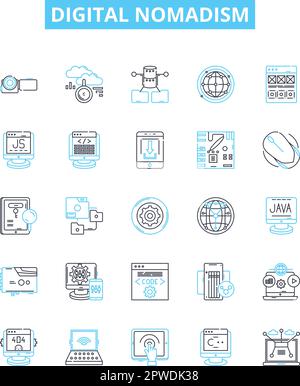 Digital nomadism vector line icons set. Remote, Working, Digital, Lifestyle, Locations, Flexible, Travel illustration outline concept symbols and Stock Vector