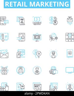 Retail marketing vector line icons set. Retailing, Merchandising, Advertising, Promoting, Selling, Branding, Targeting illustration outline concept Stock Vector