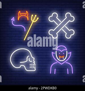 Dracula, skull, bones, horns and trident neon signs set Stock Vector