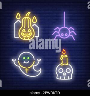 Ghost, spider, skull, candles and pumpkin neon signs set Stock Vector