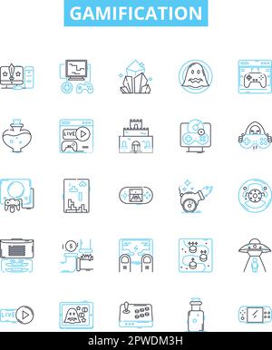 Gamification vector line icons set. Gamification, play, game, engagement, motivation, reward, level illustration outline concept symbols and signs Stock Vector