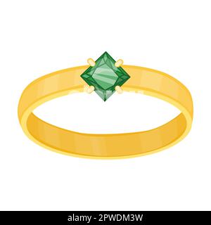 gold ring with green emerald, jewelry vector illustration. Gold, silver, pearl jewellery. Stone or diamond rings, earrings, bracelets Stock Vector