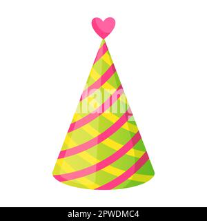 colorful Cone heart on top and diagonal pink ribbons, cap for happy birthday party. Vector illustration of kids paper hat for carnival Stock Vector