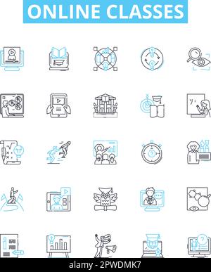 Online classes vector line icons set. Online, Classes, Learning, eLearning, Remote, Virtual, Webinars illustration outline concept symbols and signs Stock Vector