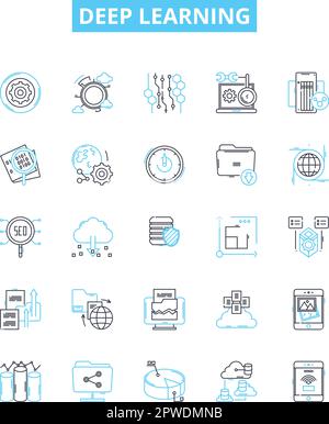 Deep learning vector line icons set. Deep, Learning, Neural, Networks, AI, Machine, Learning illustration outline concept symbols and signs Stock Vector