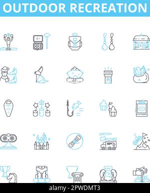 Outdoor recreation vector line icons set. Hiking, Camping, Swimming, Kayaking, Fishing, Climbing, Sailing illustration outline concept symbols and Stock Vector