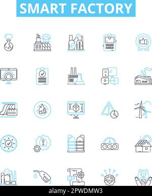 Smart factory vector line icons set. Smart, Factory, Automation, Digital, IoT, Intelligent, Manufacturing illustration outline concept symbols and Stock Vector