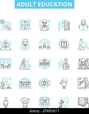 Adult education vector line icons set. Adult, Education, Learning, Instruction, Training, Literacy, Courses illustration outline concept symbols and Stock Vector
