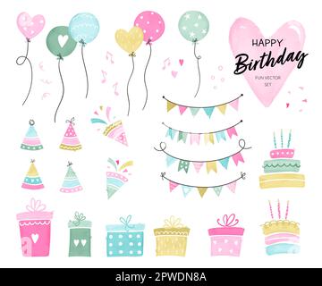 Set of hand drawn doodle birthday party design elements. Vector illustrations. Party decoration, balloons, gift box, cake with candles, confetti, part Stock Vector