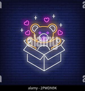 Gift box with toy bear inside neon sign Stock Vector