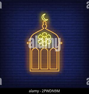 Mosque dome and crescent moon neon sign Stock Vector