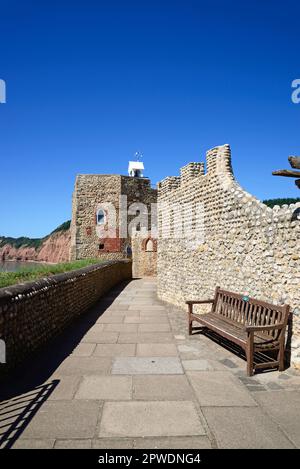 Elevated view of the castle type building at Connaught Gardens overlooking the sea and cliffs, Sidmouth, Devon, UK, Europe. Stock Photo