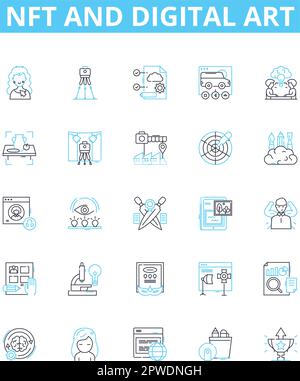 NFT and digital art vector line icons set. NFT, Digital, Art, Cryptocurrency, Blockchain, Digitalized, Marketplace illustration outline concept Stock Vector