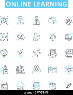 Online learning vector line icons set. eLearning, virtual, remote, digital, online, courses, tutoring illustration outline concept symbols and signs Stock Vector