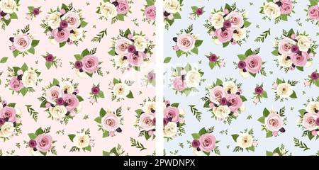 Floral seamless patterns with pink, purple, and white roses and lisianthus flowers and blackberries on pink and blue backgrounds. Set of vector floral Stock Vector