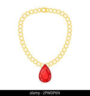 gold necklace with a large ruby, jewelry vector illustration. Gold, silver, pearl jewellery. Stone or diamond rings, earrings, bracelets Stock Vector