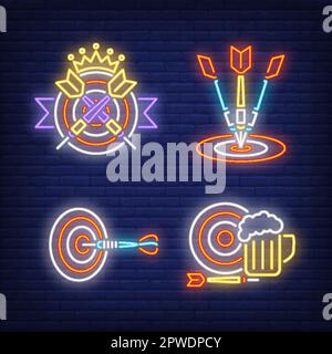 Darts hitting targets, crown and beer mug neon signs set Stock Vector