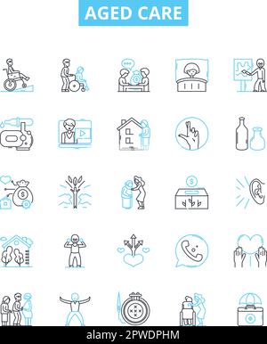 Aged care vector line icons set. Aging, Care, Elderly, Assisted, Supportive, Nursing, Retirement illustration outline concept symbols and signs Stock Vector