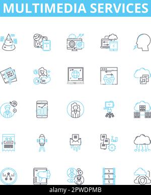 multimedia services vector line icons set. Multimedia, Services, Audio, Video, Animation, Messaging, Streaming illustration outline concept symbols Stock Vector