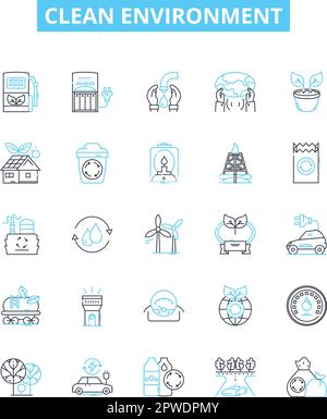 Clean environment vector line icons set. Environment, Cleanliness, Pollution, Conservation, Reuse, Recycle, Renewable illustration outline concept Stock Vector