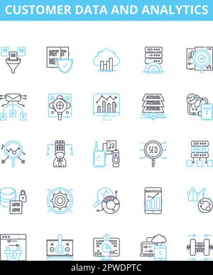 Customer data and analytics vector line icons set. customer, data, analytics, insights, profiling, segmentation, retention illustration outline Stock Vector