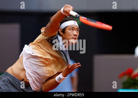 Zhizhen Zhang of China in action against Denis Shapovalop of Canada during the Mutua Madrid Open 2023, Masters 1000 tennis tournament on April 29, 2023 at Caja Magica in Madrid, Spain - Photo: Oscar J Barroso/DPPI/LiveMedia Stock Photo