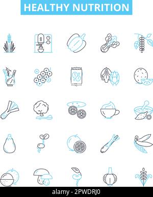 Healthy nutrition vector line icons set. Nutrition, Healthy, Diet, Balanced, Vegetables, Fruits, Grains illustration outline concept symbols and signs Stock Vector