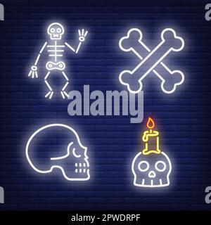 Human skeleton, skull, bones and candle neon signs set Stock Vector