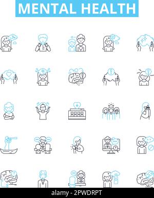 Mental health vector line icons set. Mental, health, psychological, wellbeing, stress, anxiety, depression illustration outline concept symbols and Stock Vector