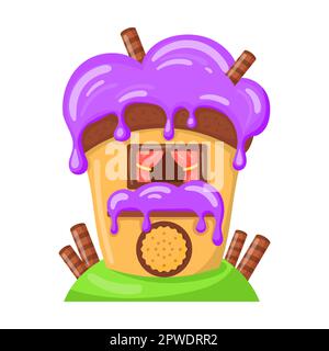 Candie in shape house glazed with wafer rolls, vector illustration. Fantasy land caramel and chocolate desserts, cupcakes, biscuit Stock Vector