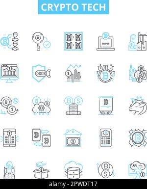 Crypto tech vector line icons set. Cryptocurrency, Blockchain, Mining, Security, Trading, Exchange, Algorithm illustration outline concept symbols and Stock Vector