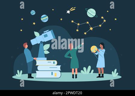 Research and study of astronomy vector illustration. Cartoon tiny people look at constellations of night sky and solar system planets through observatory telescope standing on stack of books Stock Vector