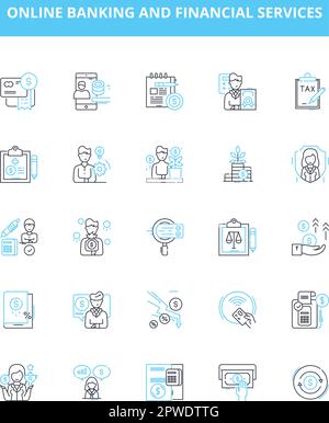 Online banking and financial services vector line icons set. Banking, Online, Financial, Services, Transaction, Payment, Deposit illustration outline Stock Vector