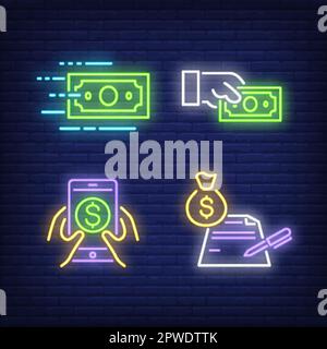 Hand holding dollar bill, smartphone and contract neon signs set Stock Vector