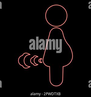Neon pregnant woman farts break wind farting bloating gas cloud stench bad smell flatulency red color vector illustration image flat style light Stock Vector
