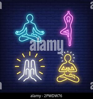 People meditating and doing yoga neon signs set Stock Vector