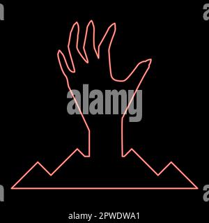 Neon scary human hand from ground silhouette dead man's Halloween decorative element zombie concept spooky clawed paw sharp nails bony arm fingers Stock Vector