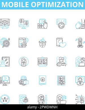 Mobile optimization vector line icons set. Mobile, optimization, responsiveness, design, webpage, app, user illustration outline concept symbols and Stock Vector