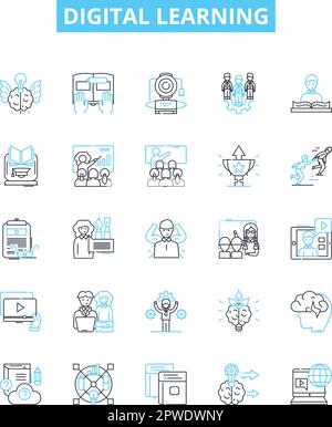 Digital learning vector line icons set. Digital, Learning, eLearning, Online, Technology, Course, Online-Learning illustration outline concept symbols Stock Vector