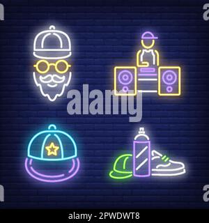 Hipster, cap, disk jokey and spray can neon signs set Stock Vector