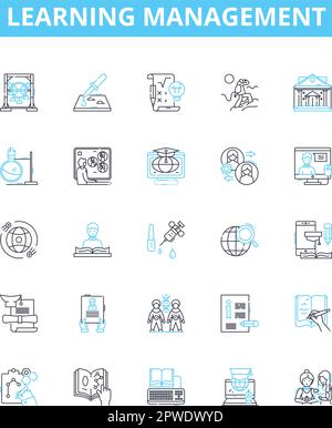 Learning management vector line icons set. Education, Training, Courseware, E-learning, System, Technology, Platform illustration outline concept Stock Vector