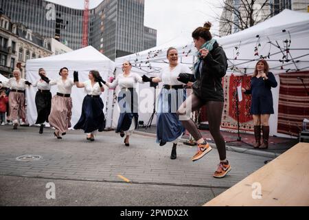 Balkan Trafik  Festival, Brussels, Belgium 2023, women dancing to ethnic music Stock Photo