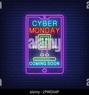 Cyber Monday Sale, coming soon neon text on smartphone screen Stock Vector