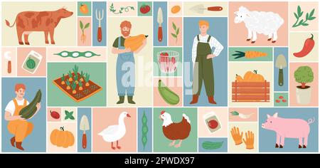 Cartoon farmer people grow harvest, organic vegetables, domestic animals and poultry, tools and plants in square collage background. Farm local production, agriculture collage set vector illustration. Stock Vector